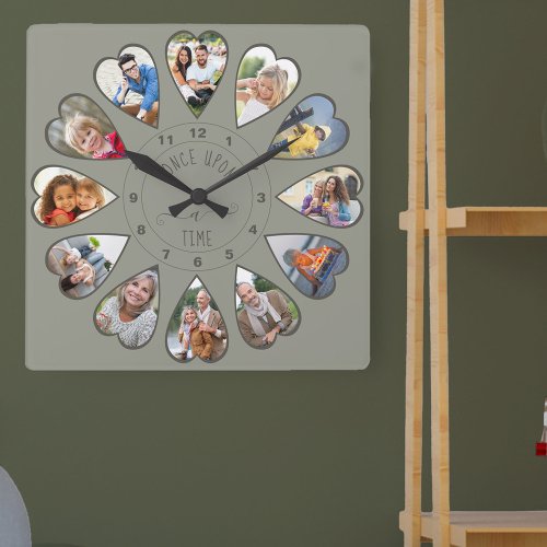 Once Upon a Time 12 Heart Shaped Photos Green Square Wall Clock