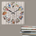 Once Upon a Time 12 Heart Shaped Photos Light Wood Square Wall Clock<br><div class="desc">Create your own multi photo clock to tell your story - the center of the clock face is lettered with "Once upon a time" in handwritten typography. Use the photo template to add 12 of your favorite photos, which will be displayed in heart shaped frames. The design uses portrait vertical...</div>