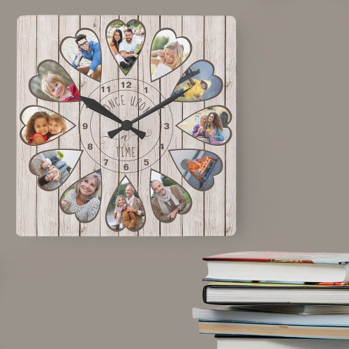 Once Upon a Time 12 Heart Shaped Photos Light Wood Square Wall Clock