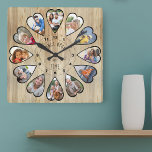 Once Upon a Time 12 Heart Shaped Photos Pine Square Wall Clock<br><div class="desc">Create your own multi photo clock to tell your story - the center of the clock face is lettered with "Once upon a time" in handwritten typography. Use the photo template to add 12 of your favorite photos, which will be displayed in heart shaped frames. The design uses portrait vertical...</div>