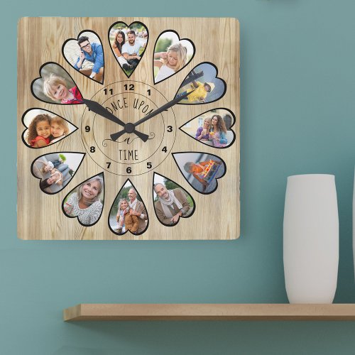 Once Upon a Time 12 Heart Shaped Photos Pine Square Wall Clock