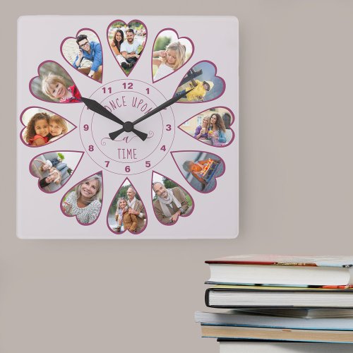 Once Upon a Time 12 Heart Shaped Photos Pink Square Wall Clock