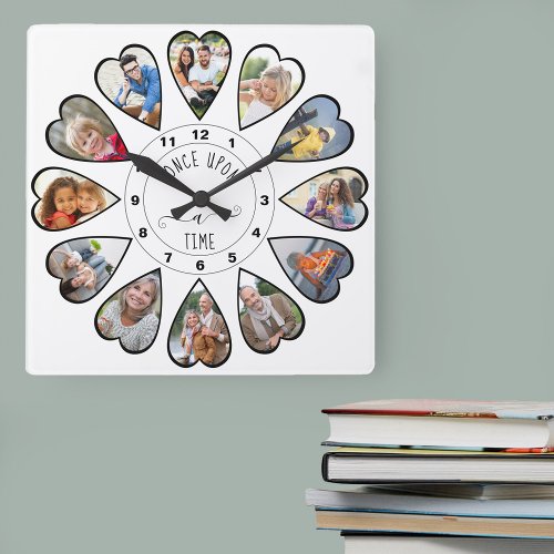 Once Upon a Time 12 Heart Shaped Photos White Square Wall Clock