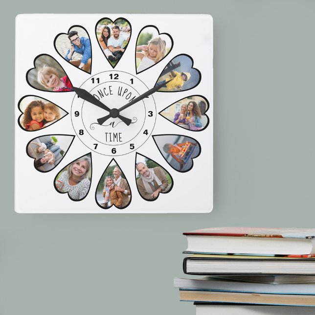 Once Upon a Time 12 Heart Shaped Photos White Square Wall Clock (Photo clock with 12 heart shaped photos. Unusual design for your home and a thoughtful photo gift.)