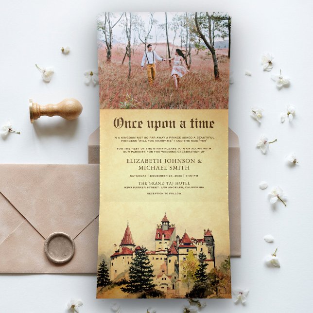 Once Upon a Time Fairytale Castle Wedding Photo Tri-Fold Invitation (Creator Uploaded)