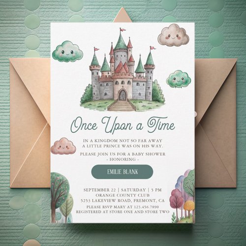 Once Upon a Time Green Castle Pastel Baby Shower Invitation