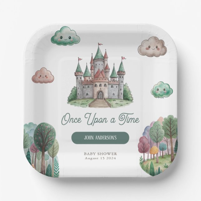Once Upon a Time Green Castle Pastel Baby Shower Paper Plates (Front)