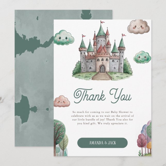 Once Upon a Time Green Castle Pastel Baby Shower Thank You Card (Front/Back)