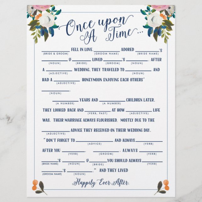 Once Upon A Time Love Story Bridal Libs Game (Front)