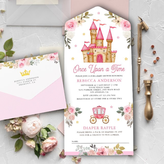 Once Upon a Time Pink Fairytale Castle Baby Shower All In One Invitation (Creator Uploaded)
