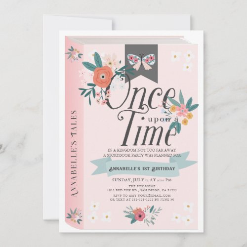 Once Upon a Time Pink Floral Girl 1st Birthday Invitation