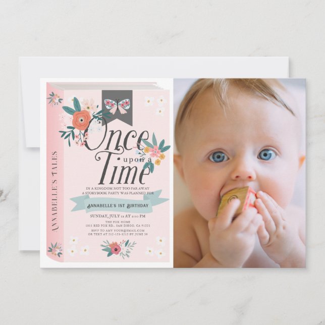 Once Upon a Time Pink Floral Photo 1st Birthday Invitation (Front)