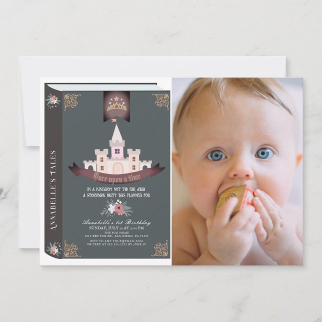 Once Upon A Time Storybook Blk Photo 1st Birthday Invitation (Front)
