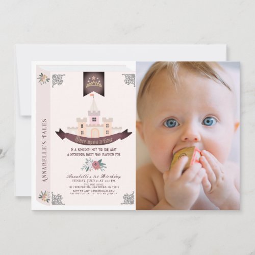 Once Upon A Time Storybook Pink Photo 1st Birthday Invitation
