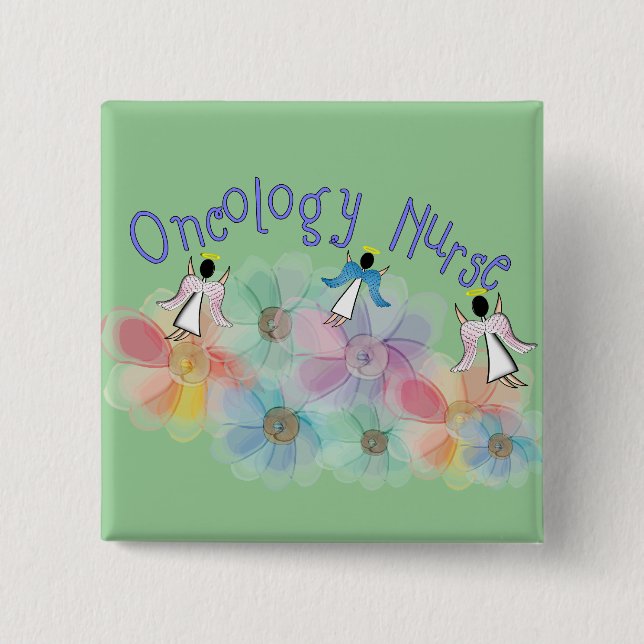 Oncology Nurse Whispy Angels & Flowers Design Pinback Button (Front)