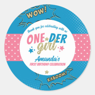 Onder Girl Pink and Blue First Birthday Classic Round Sticker