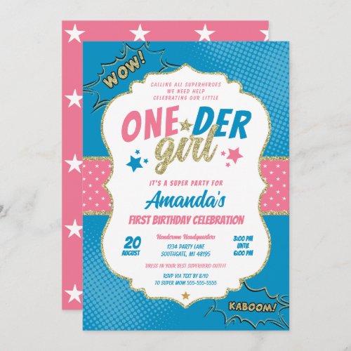 Onder Girl Pink and Blue First Birthday Invitation