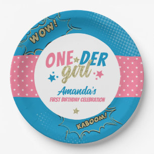 Onder Girl Pink and Blue First Birthday Paper Plates