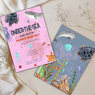 Onder The Sea Ocean Animals Pink 1st Birthday Invitation