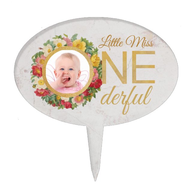 Onderful Photo First Birthday Rose Wreath Floral Cake Topper (Front)