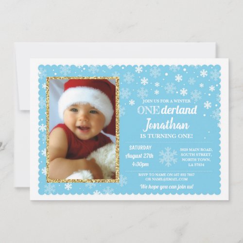 Onderland Winter Blue Snowflakes Photo Wonderland Invitation