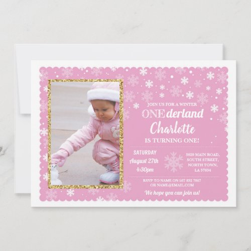 Onderland Winter Pink Snowflakes Photo Wonderland Invitation