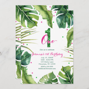 ONE 1 1st Birthday Tropical Leaves Pink Green Invitation