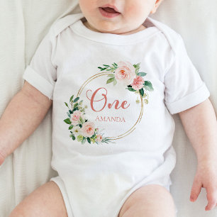 One, 1st Birthday Baby GIrl Blush Pink Floral Baby Bodysuit