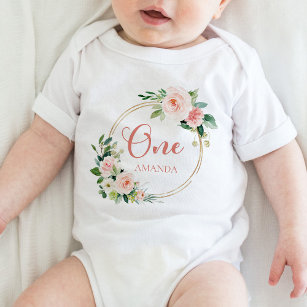 One, 1st Birthday Baby GIrl Blush Pink Floral  Baby Bodysuit