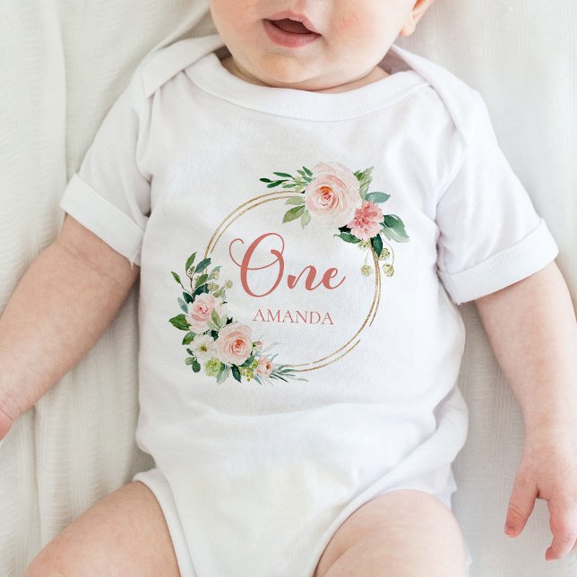One, 1st Birthday Baby GIrl Blush Pink Floral  Bodysuit (Creator Uploaded)