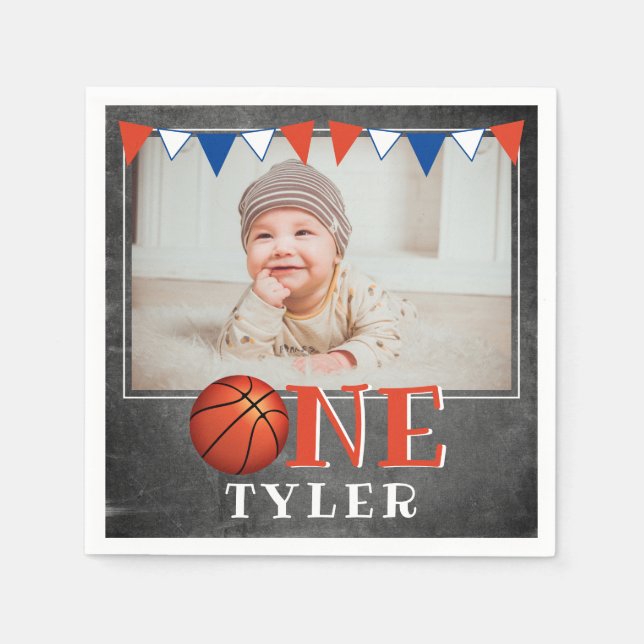 ONE 1st Birthday Basketball Ball Napkins (Front)