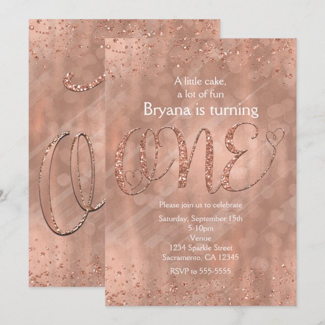ONE 1st Birthday Faux Rose Gold Glitter Invitation (Front/Back)