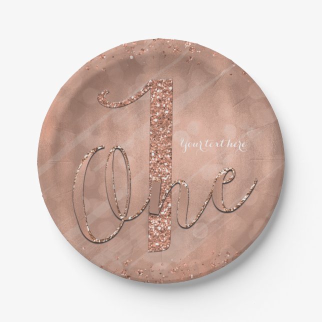 ONE 1st Birthday Faux Rose Gold Glitter Party Paper Plates (Front)