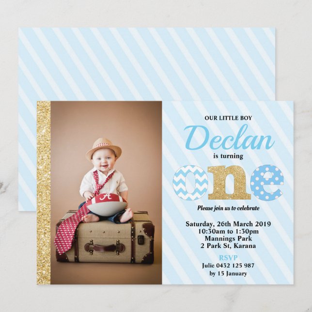 ONE 1st Birthday Party Invitations Boys Blue Gold (Front/Back)