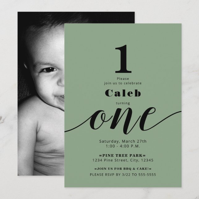 ONE 1ST Birthday Photo Any Color Minimal Party Invitation (Front/Back)
