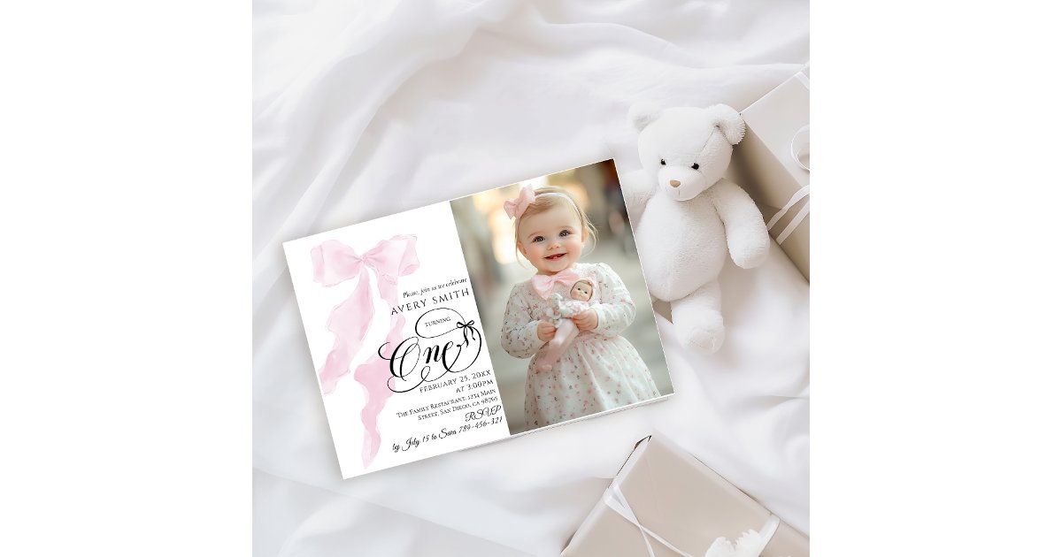 One 1st Birthday Pink Bow Girls Photo Invitation | Zazzle