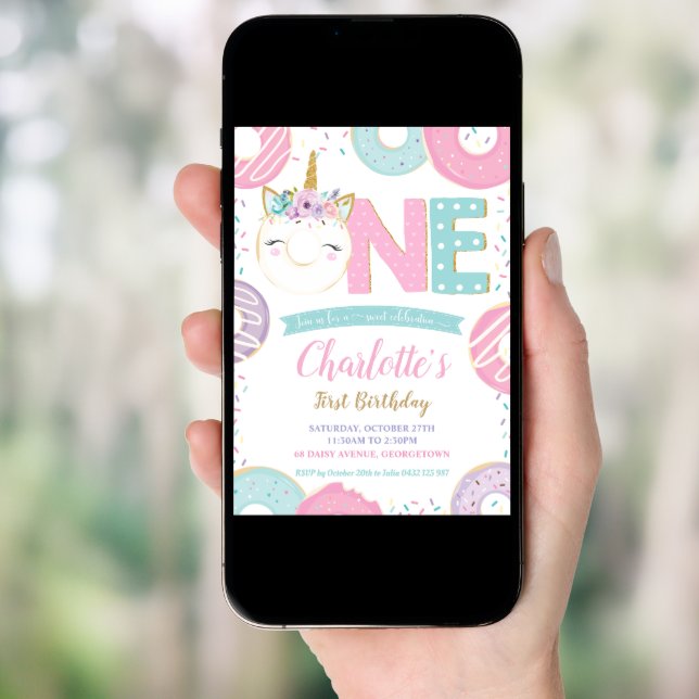 ONE 1st Birthday Unicorn Donuts Doughnuts Pastel Invitation (Front Digital)