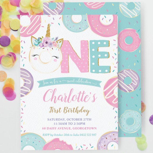 ONE 1st Birthday Unicorn Donuts Doughnuts Pastel Invitation (Creator Uploaded)