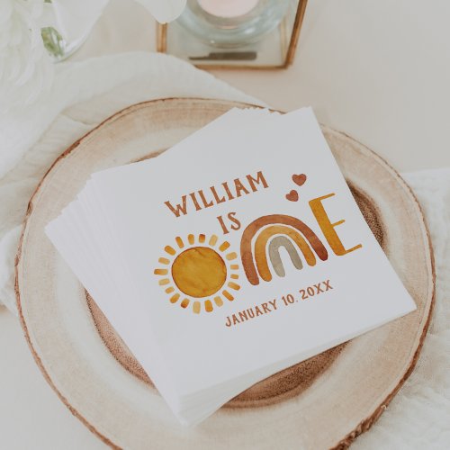 One  1st Birthday Watercolor Boho Rainbow and Sun  Napkins