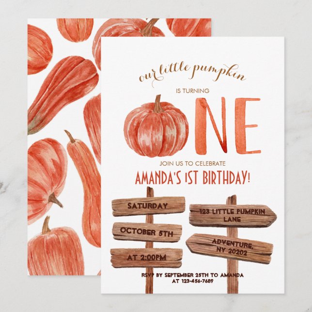 "One" 1st Birthday Watercolor Pumpkin Invitation (Front/Back)