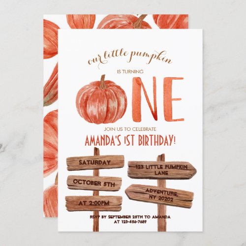 One 1st Birthday Watercolor Pumpkin Invitation