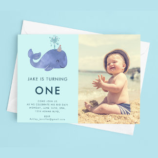 One 1st Birthday Watercolor Whale | Custom photo Invitation