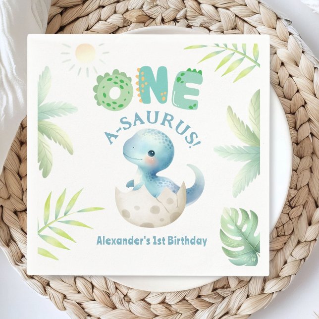One A-Saurus Boy Dinosaur 1st Birthday Paper Napkins (Creator Uploaded)