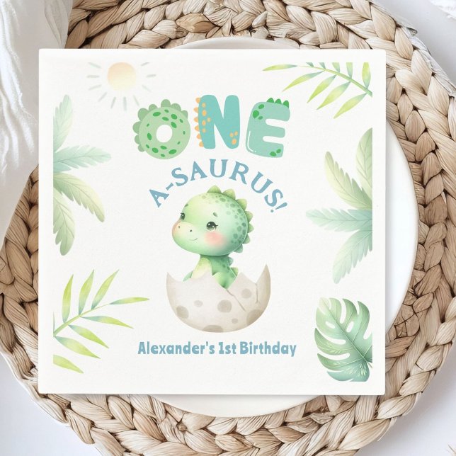 One A-Saurus Cute Dino Boy Dinosaur 1st Birthday Napkins (Creator Uploaded)