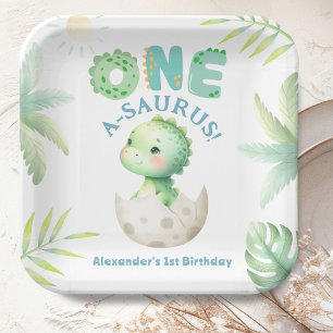 One A-Saurus Cute Dino Boy Dinosaur 1st Birthday Paper Plates