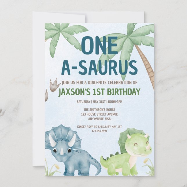 ONE-A-SAURUS Dinomite first birthday invitation (Front)