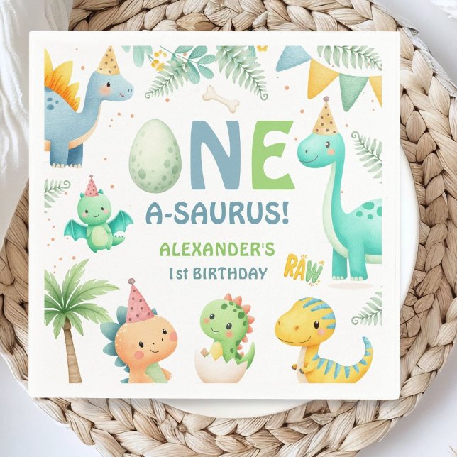 One A-Saurus Dinosaur 1st Birthday Boy Paper Napkins (Creator Uploaded)