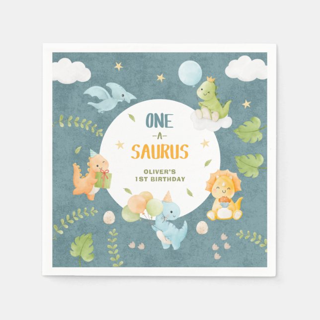 One-A-Saurus Dinosaur 1st Birthday Party Napkins (Front)