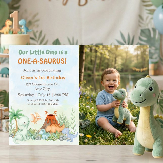 One-A-Saurus Dinosaur 1st Birthday Photo Invitation (One-A-Saurus Dinosaur 1st Birthday Invitation)