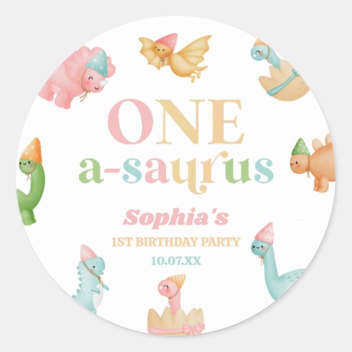 One A_Saurus Dinosaur 1st First Birthday Party Classic Round Sticker